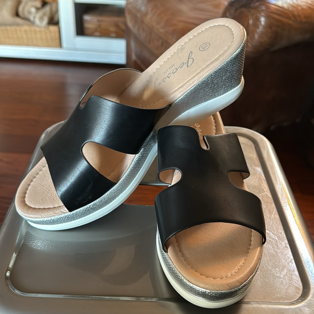 Black White and Sliver Wedge Sandals